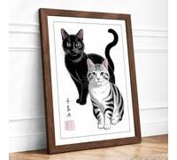 Two Cats in Ink Japandi Framed Wall Art Print A4 (29.7×21cm) Walnut, Wall