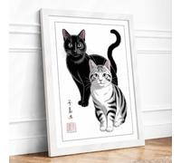 Two Cats in Ink Japandi Framed Wall Art Print A4 (29.7×21cm) White, Wall