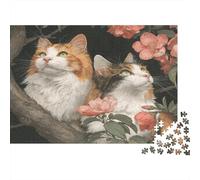 Two Cats Jigsaw Puzzles Pink Peach Blossoms And Green Leaves Challenge Toy Educational Games Home Decoration for Adults& Teenager Age 14 Years Up 1000pcs (75x50cm)