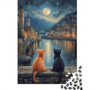 Two Cats Under The Moon 1000-Piece Jigsaw Puzzle for Adults, 52x38cm/1000pcs, New Year Indoor Activity, Quiet Evening Activity And A Fresh Start