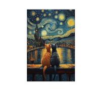 Two Cats Under The Starry Sky Canvas Poster Bedroom Decor Landscape Office Room Decor Gift 24x36inch(60x90cm)