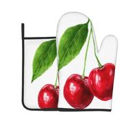 Two Cherries with A Green Leaf Oven Mitts and Pot Holders Sets
