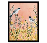 Two Chickadee Birds in Pastel Wildflower Field Framed Wall Art Artery8 Pale Pink A4
