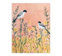 Two Chickadee Birds in Pastel Wildflower Field Wall Art Print Artery8 Pale Pink W24 inch x H32 inch