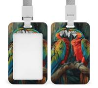 Two Colored Parrots Id Badge Holder with Lanyard, Clear Vertical Card Protector Waterproof, Breakaway Safety Neck Strap, Heavy Duty Name Tag Holder for Nurse Teacher Officer Staff Women Men