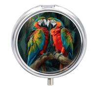 Two Colored Parrots Metal Pill Organizer, 3 Compartment Waterproof Pill Case with Mirror for Purse Pocket Bag, Daily Medicine Vitamin Holder, Portable Travel Med Container(Round)