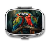 Two Colored Parrots Pill Box 2 Compartment Small Square Pills Case Portable for Pocket Pill Organizer Travel Metal Pill Holder for Office Home Vitamin Medicine Fish Oil