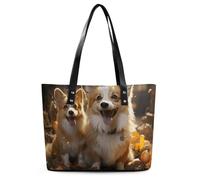 Two Corgis Leather Tote Bag for Women Work Shoulder Purses with Zipper Waterproof Large Computer Shoulder Bag Fashion Ladies Shoulder Handbag Reusable Shopping Bags