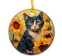 Two Cornish Rex Cat With Sunflowers Hanging Ceramic Christmas Tree Decorations With Ribbon Xmas Ornaments