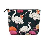 Two Cranes Chrysanthemum Print Fake Hemp Makeup Bag – Travel Toiletry Pouch for Women, Daily Storage, Business Trips, and More