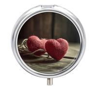 Two Crocheted Hearts Pill Box 3 Compartment Round Small Pill Box for Pocket Purse Metal Travel Pill Case Portable Daily Pill Organizer Cute Compact Medicine Organizer Mini Pill Container
