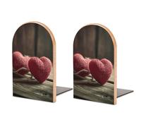 Two Crocheted Hearts Wood Bookends Non-Slip Bookends with Metal Bases Desktop Book Stand Holders Decorative Book Stoppers Wooden Book Ends for Office Files Magazine