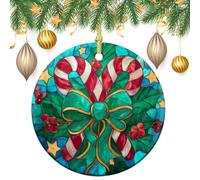 Two Crossed Candy Canes with Green Christmas Bow Christmas Tree Hanging Ornaments,2 Pieces, 7.2CM Round Double-Sided