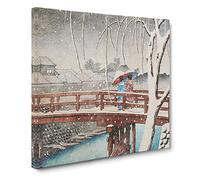 Two Crossing the Bridge by Hasui Kawase Canvas Print | Gallery Wrapped 30mm Frame Wall Art | 14x14 inches | Ready to Hang | Asian Cityscape Picture | Living Room Bedroom Lounge Office