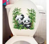 Two Cute Bamboo Forest Panda Toilet Cover Sticker Decals,Fish Bird Flower Leaf Waterproof Toilet Lid Tank Seat Decals Cistern Self-Adhesive Bathroom Wall Sticker