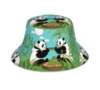 Two Cute Big Pandas Printed Fashionable Bucket hat, one Size fits All, Foldable Headwear, Suitable for Outdoor Activities and Camping. Black