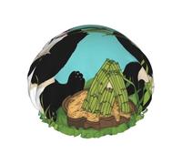 Two cute big pandas Women's shower cap, waterproof, reusable, with washable elastic cord, suitable for long hair and braids, ideal for showering.