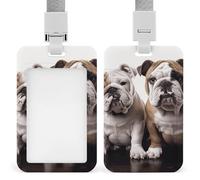 Two Cute Bulldog Dogs Id Badge Holder,Name Tag Holder with Detachable Lanyard,Waterproof Design Id Card Holder for Office, Workplace