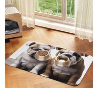 Two Cute Bulldog Dogs Pet Feeding Mat Absorbent Pu Leather Dog Cat Food Mats Contain Spills Protects Floors, Anti-Slip Rubber Backing Dog Bowl Mats Easy Clean Pet Placemats 40x60cm