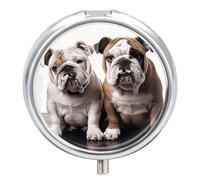 Two Cute Bulldog Dogs Pill Box Cute Round Small Pill Organizer Portable with 3 Compartments Travel Metal Pill Case for Pocket Or Purse Privacy Protecting Medicine Box