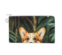 Two Cute Bulldog Dogs Wallet for Men Women Canvas Coin Purse Zippered Change Holder with Secure Closure, tropical flower and corgi, One Size
