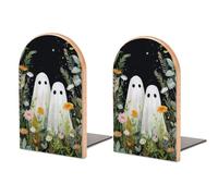Two Cute Ghost with Flowers Wooden Bookends Shelves 2 PCS Sturdy Book Holders Desktop Organizer for Home Office Libraries