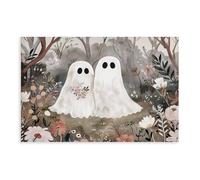 Two Cute Ghosts Getting Married in Flower Forest Poster, Dark Moody Cottagecore Decor Vintage Poster, Gothic Painting 16x24inch(40x60cm) Unframe