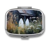 Two Cute Ghosts in The Garden Old House Pill Box 2 Compartment Portable Medicine Pill Case Travel Pill Organizer for Pocket Purse