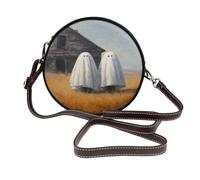 Two Cute Ghosts Old Abandoned House Women Round Crossbody Bags Leather Sling Bag Purse