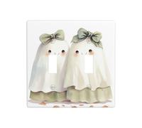 Two Cute Ghosts with Green Bows Double Gang Toggle Light Cover Wall Plate Switch Decor Standard Size - 11.4x11.4cm