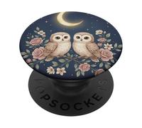 Two Cute Owls Sitting Beneath a Starry Sky and Crescent Moon PopSockets Adhesive PopGrip
