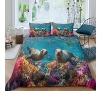 Two Cute Sea Lions And Colorful Corals 3D Duvet Cover 3 Piece Set, Printed Bedding Set, Microfibre Quilt Cover, with Pillowcase Double(200x200cm)