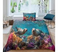 Two Cute Sea Lions And Colorful Corals 3D Effect Printed Duvet Cover Set with Pillow with Zipper Cases 3 Piece Bedding Set Microfibre Easy-Care Single(135x200cm)