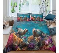 Two Cute Sea Lions And Colorful Corals 3D Printed Comforter Cover Sets Duvet Cover 3 Piece Microfibre Bedding Quilt Covers with Pillowcase And Zipper King(220x240cm)