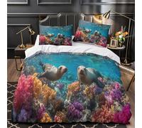 Two Cute Sea Lions And Colorful Corals Printed Bedding Set Microfibre Duvet Cover Set 3d Theme Comforter Cover 3 Pieces for Kids Teens Adults Super King(260x220cm)