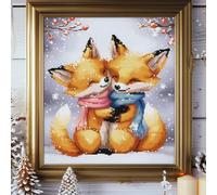Two Cute Yellow Fox Hug in Winter DIY 11CT Counted Cross Stitch Kits for Beginners Easy Stamped Fabric Embroidery Needlecraft Art Wall Decor 38x38cm(4)