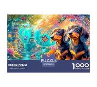 Two Dachshunds on Log over River with Castle Background 1000-Piece Jigsaw Puzzle Fantasy Cute Pet - Classic Jigsaw Puzzles for All Ages 38x26cm/1000pcs