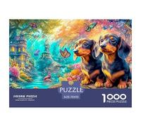 Two Dachshunds on Log over River with Castle Background 1000-Piece Jigsaw Puzzle Fantasy Cute Pet - Family Game Night Essential, Adults & Kids 70x50cm/1000pcs