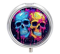 Two Different Skulls Pill Box Case 3 Compartment Travel Medicine Pill Organizer 3x A Day Portable Vitamin Organizer with Mirror Small Pillbox for Purse & Pocket Cute Daily Medicine Container Metal Vit