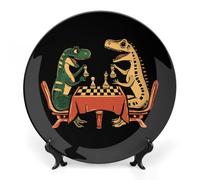 Two Dinosaurs Playing Chess Printed Bone China Decorative Plate Ceramic Decorative Plate with Display Stand for Home Wall Decor