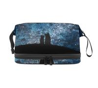 Two Dogs Sitting on Hill at Starry Night Double Layer Cosmetic Bag for Women and Girls, Travel Toiletry Bag Makeup Handy Pouch Organiser Bag with Brush Compartment