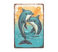 Two Dolphin Playing Together Metal Poster Funny Wall Metal Sign Vintage Plaque Tin For Shed Cafe House