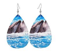 Two Dolphins In The Water Earrings For Women Leather Dangle Lightweight Teardrop Earrings Jewelry For Women