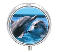 Two Dolphins in The Water Pill Box Round Portable Small Pill Case Waterproof Travel Pill Box Organizer for Pocket Purse and Daily Convenience
