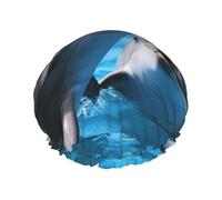Two Dolphins in the Water Shower Caps for Women Reusable Waterproof Shower Cap with Elastic Strap Bath Hair Hat Double Layers Thick Bath Caps for Spa Salon Travel