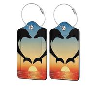 Two Dolphins Jumping Shaped Heart,Luggage Tags Pu Leather Name Tag Travel Suitcase Identifier ID Tags Durable Luggage Label 2 pcs