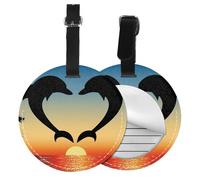 Two Dolphins Jumping Shaped Heart,Luggage Tags Pu Leather Name Tag Travel Suitcase Identifier ID Tags Durable Baggage Label 2 pcs