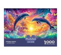 Two Dolphins Leap at Sunset near Castle 1000-Piece Jigsaw Puzzle Dolphin Brainteasing Challenge for All Ages 52x38cm/1000pcs