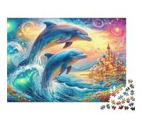 Two Dolphins Leap by A Castle 1000-Piece Jigsaw Puzzle Dolphin Theme Classic Jigsaw Puzzles for All Ages 52x38cm/1000pcs