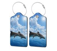 Two Dolphins,Luggage Tags Pu Leather Name Tag Travel Suitcase Identifier ID Tags Durable Luggage Label 2 pcs